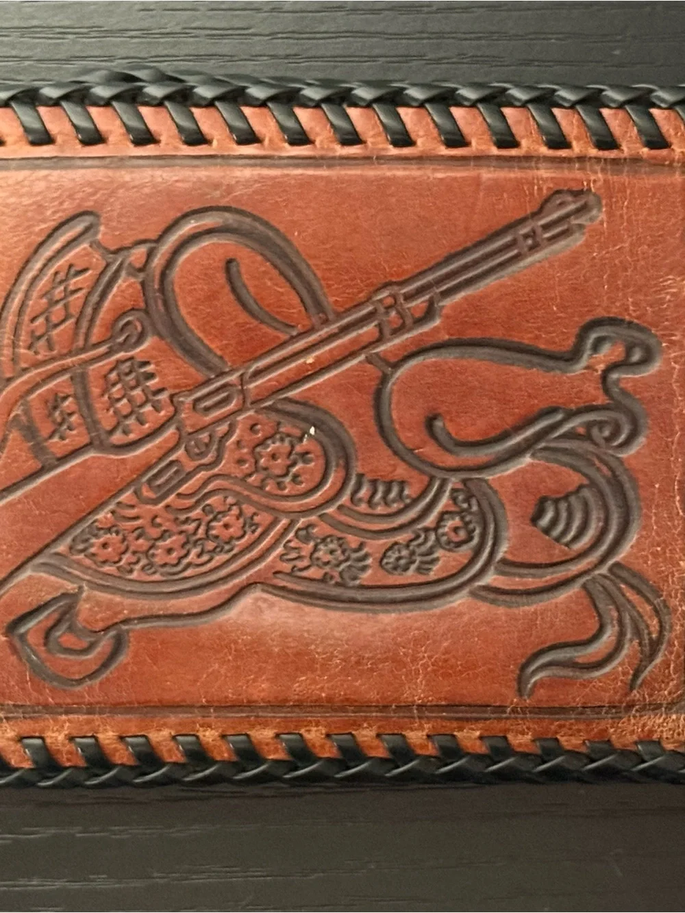 VTG Handmade Leather Wallet with Cowboy Motifs Boots & Spurs, Hat, Gun & Saddle